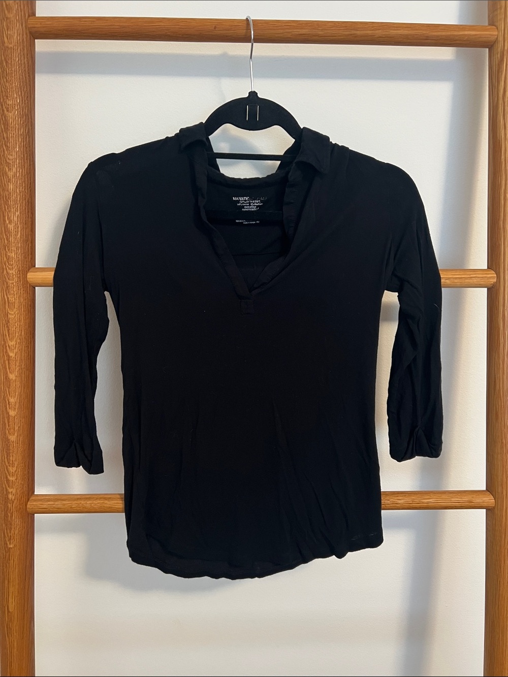 Majestic Filatures Paris Black Soft Touch Polo Collar V-Neck Top Size 2 (M)